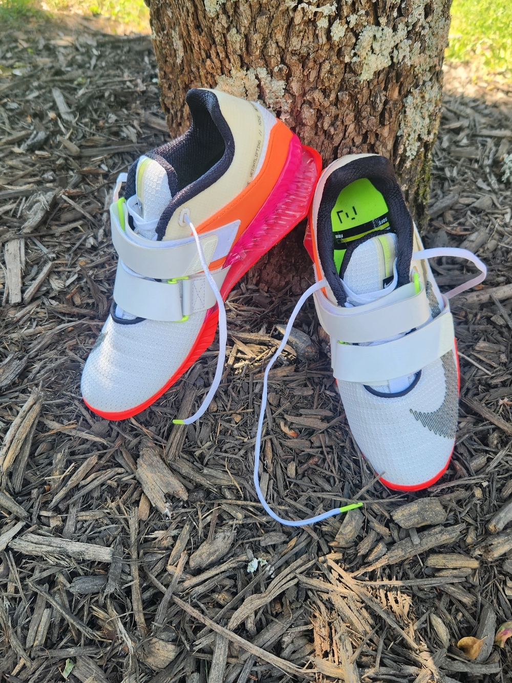 Nike Mens Weightlifting White Sneakers with Neon Orange and Pink Trim - Picture 3 of 12